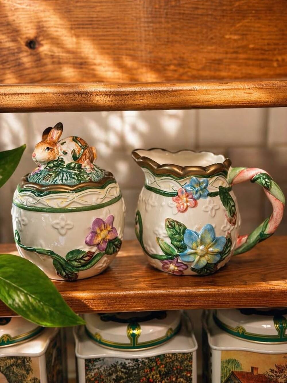 Vintage WMG Bunny Creamer & Sugar Set – Raised Floral w/ Gold Accents